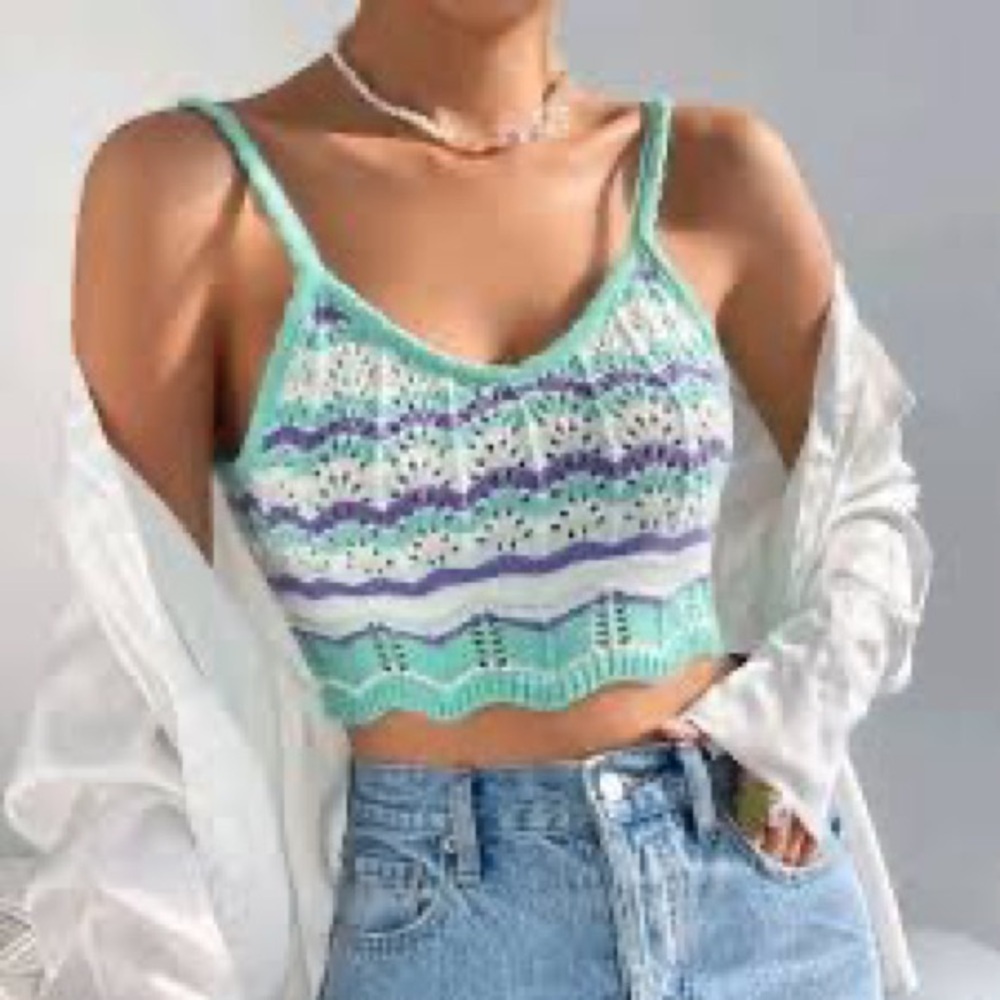 American Eagle Outfitters Blue & Mint Chevron Knit Crop Tank Top Size‎ M